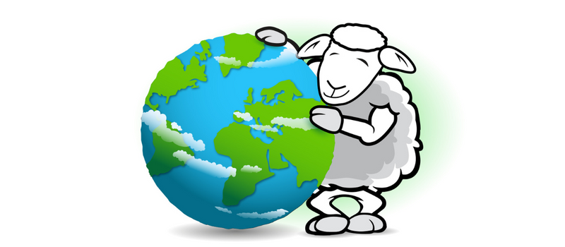 Cartoon sheep holding planet Earth