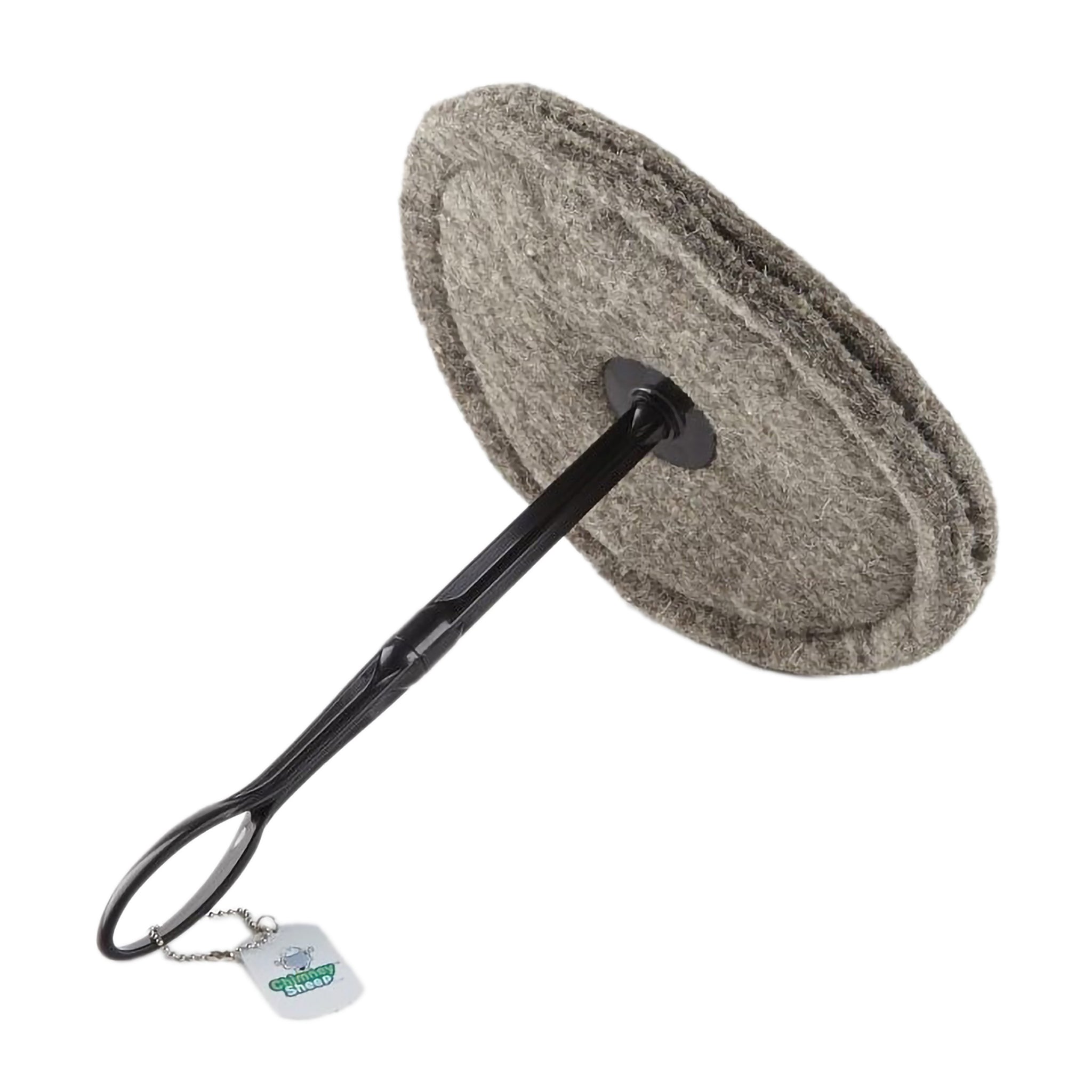Round wool chimney draught excluder with extension rod and handle attached.