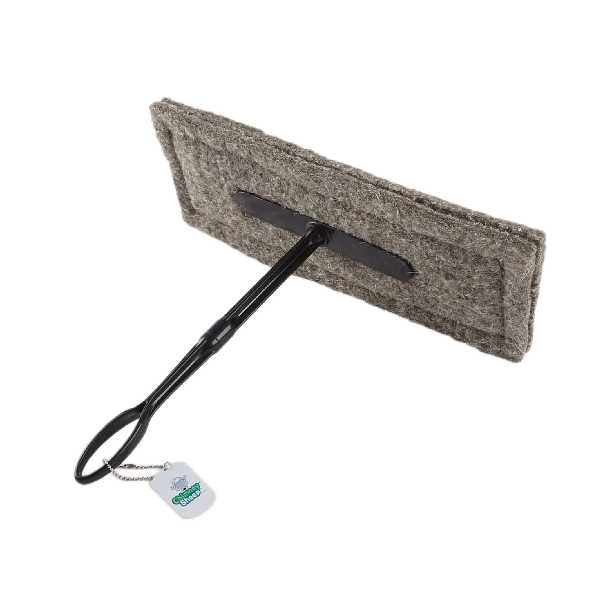 Rectangular wool draught stopper for a chimney with an extended handle.