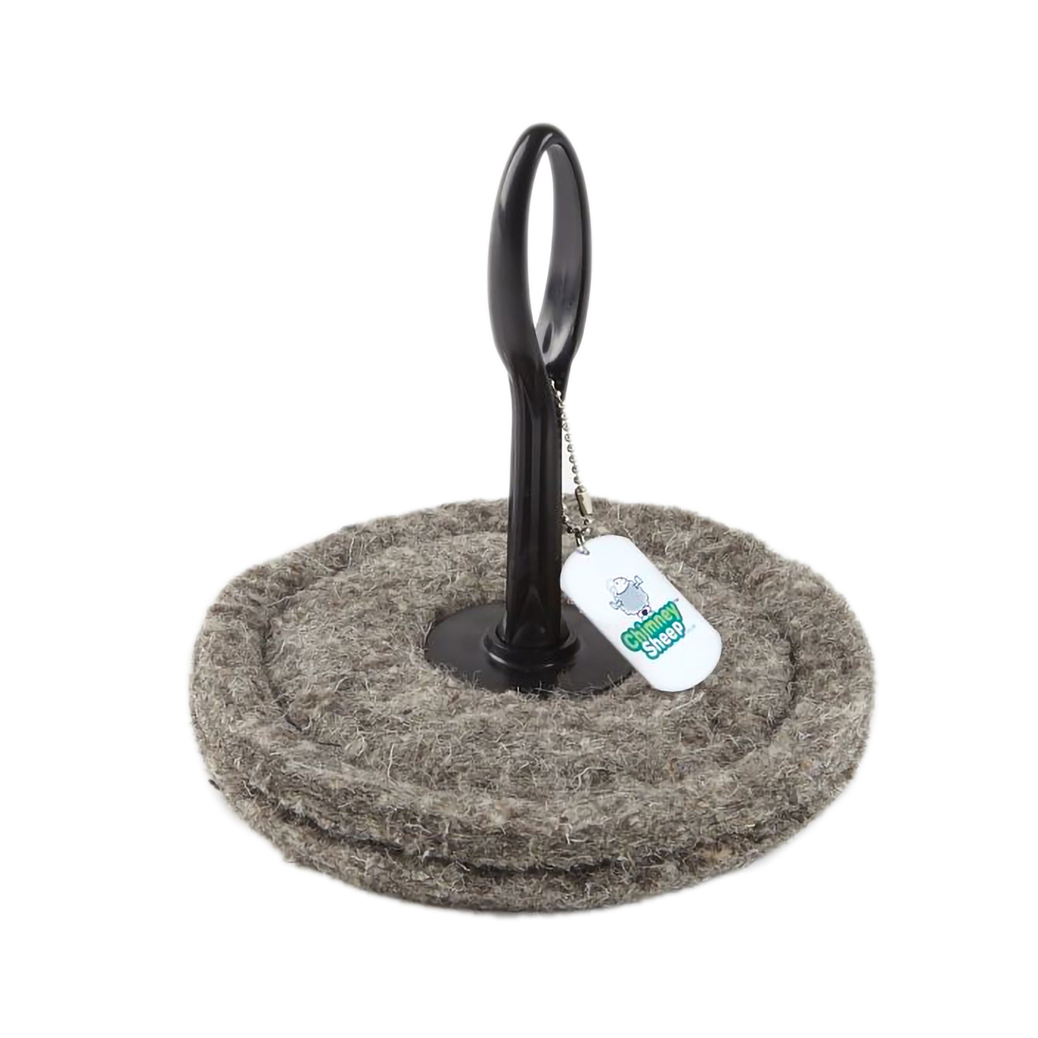 Small round chimney blocker with recycled plastic handle.
