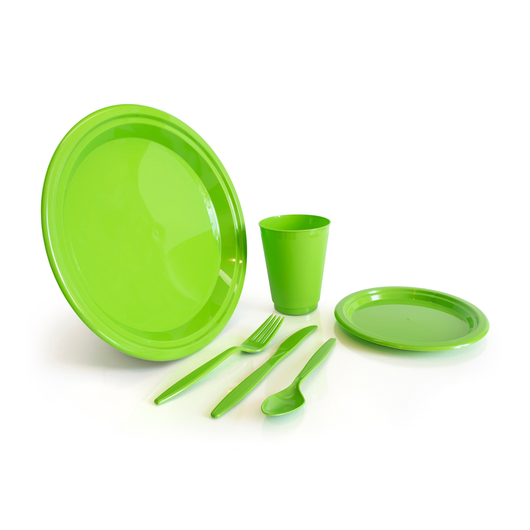 Green plastic plates, bowls and cutlery