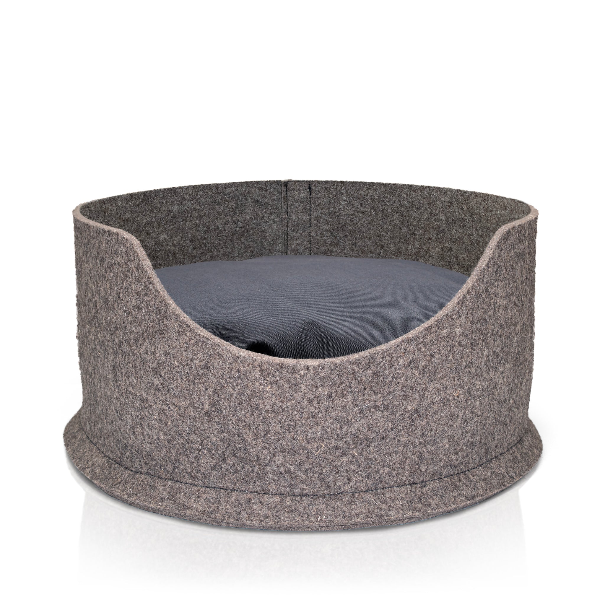 Handmade felt cat and dog bed by Chimney Sheep - with a large grey cushion