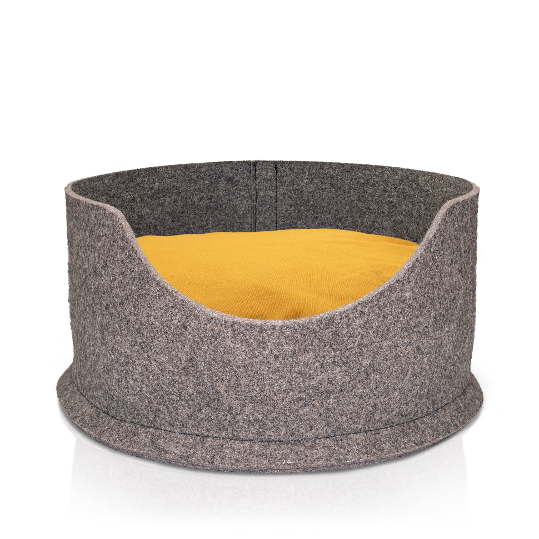 Felted cat bed for dogs and cats, with a bright yellow, eco-friendly cushion