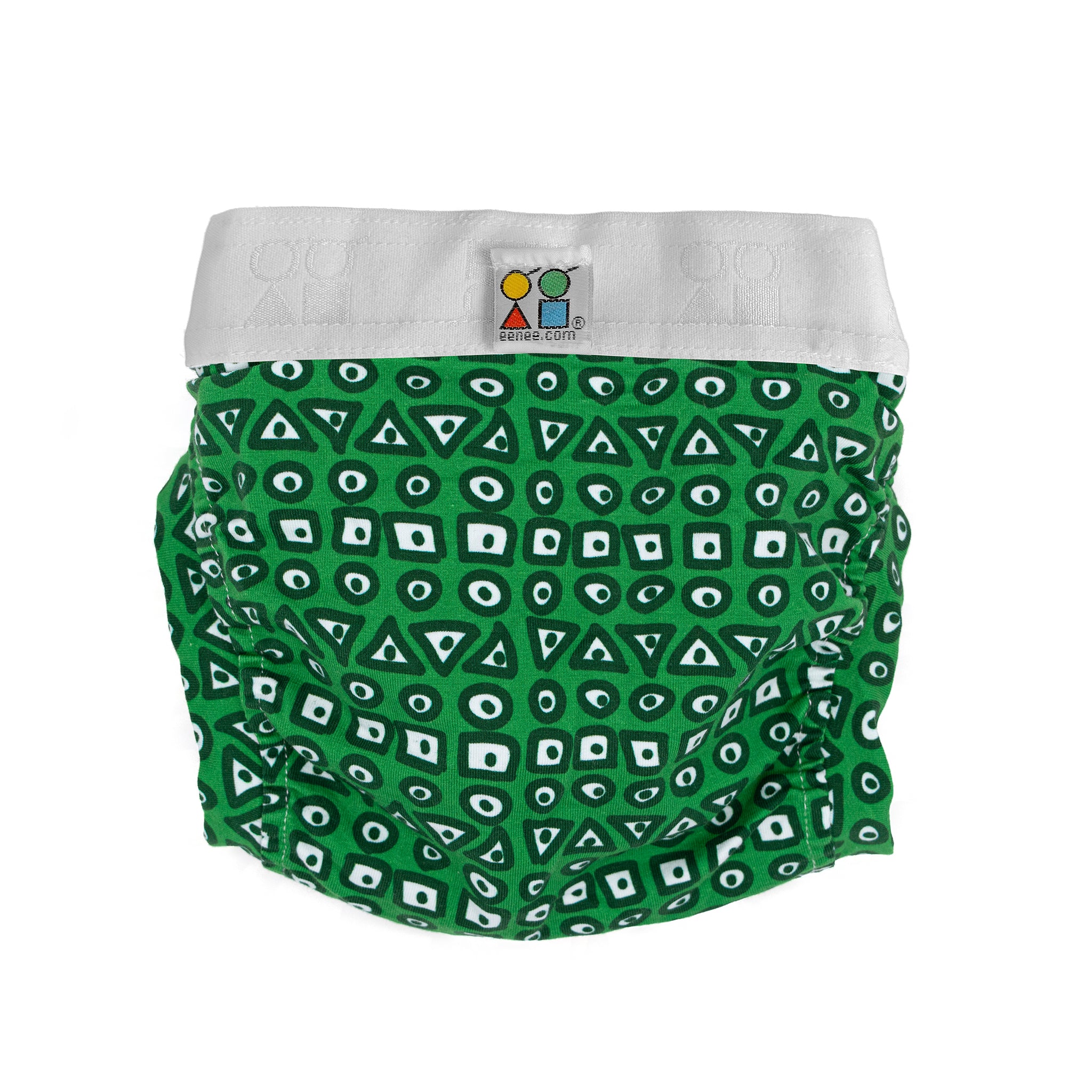 Bright green design on nappy pants in small medium and large sizes