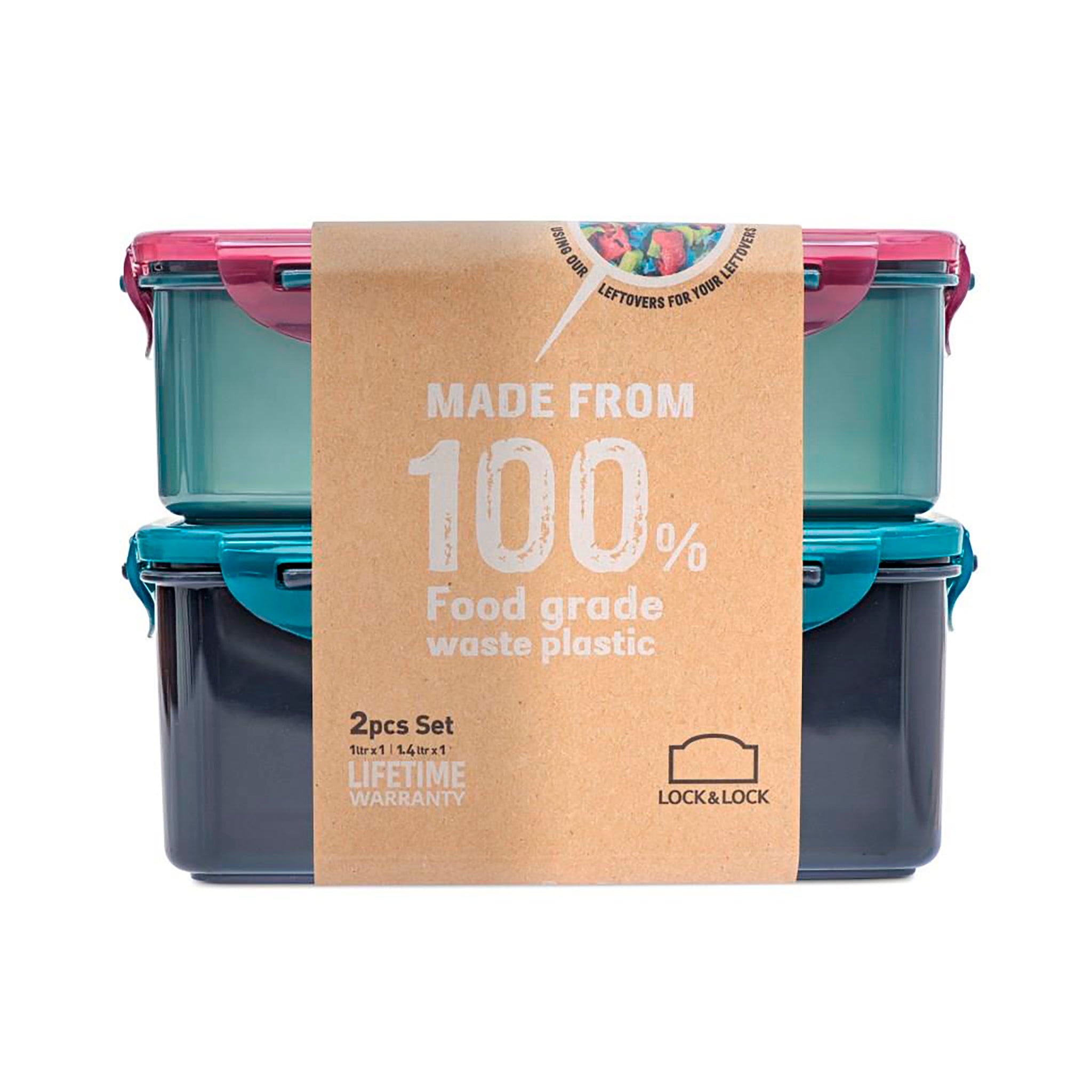 recycled plastic food storage with packaging from the side