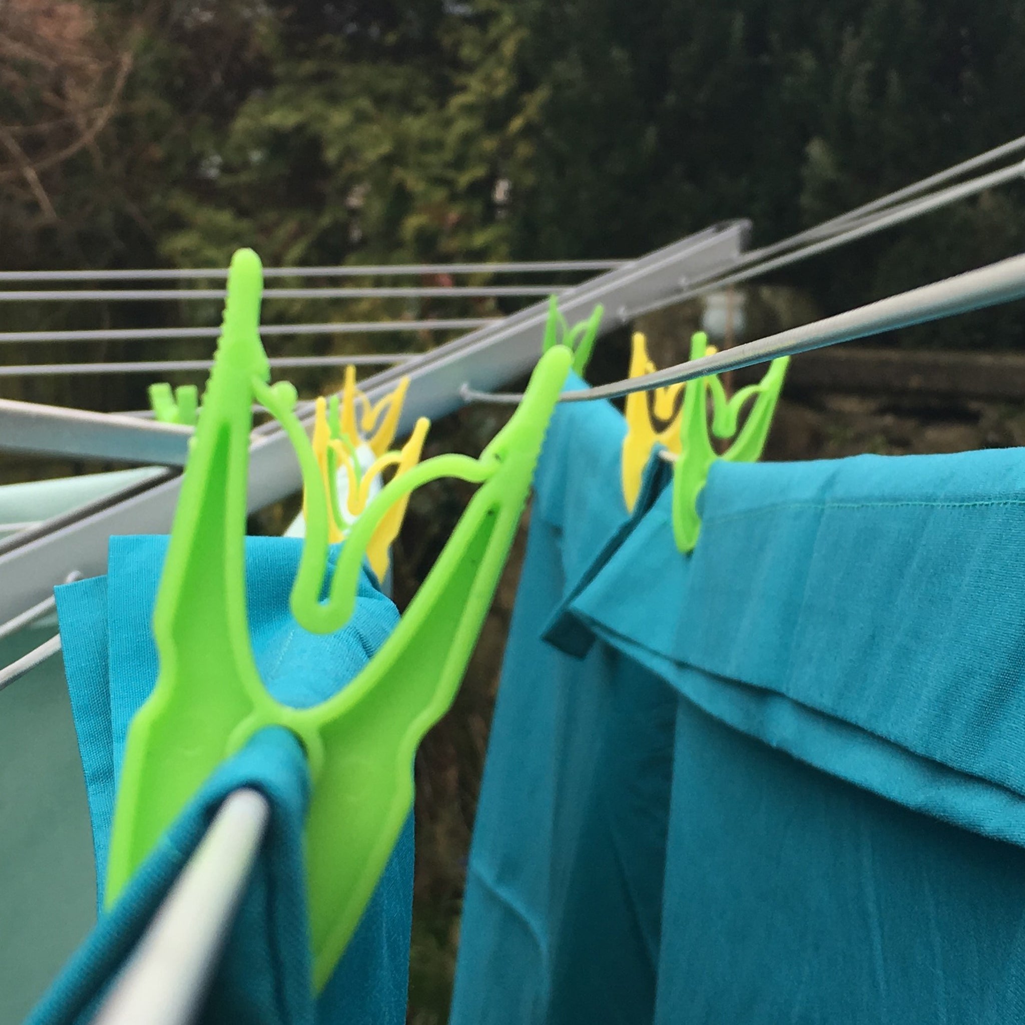green and yellow clothes pegs on line
