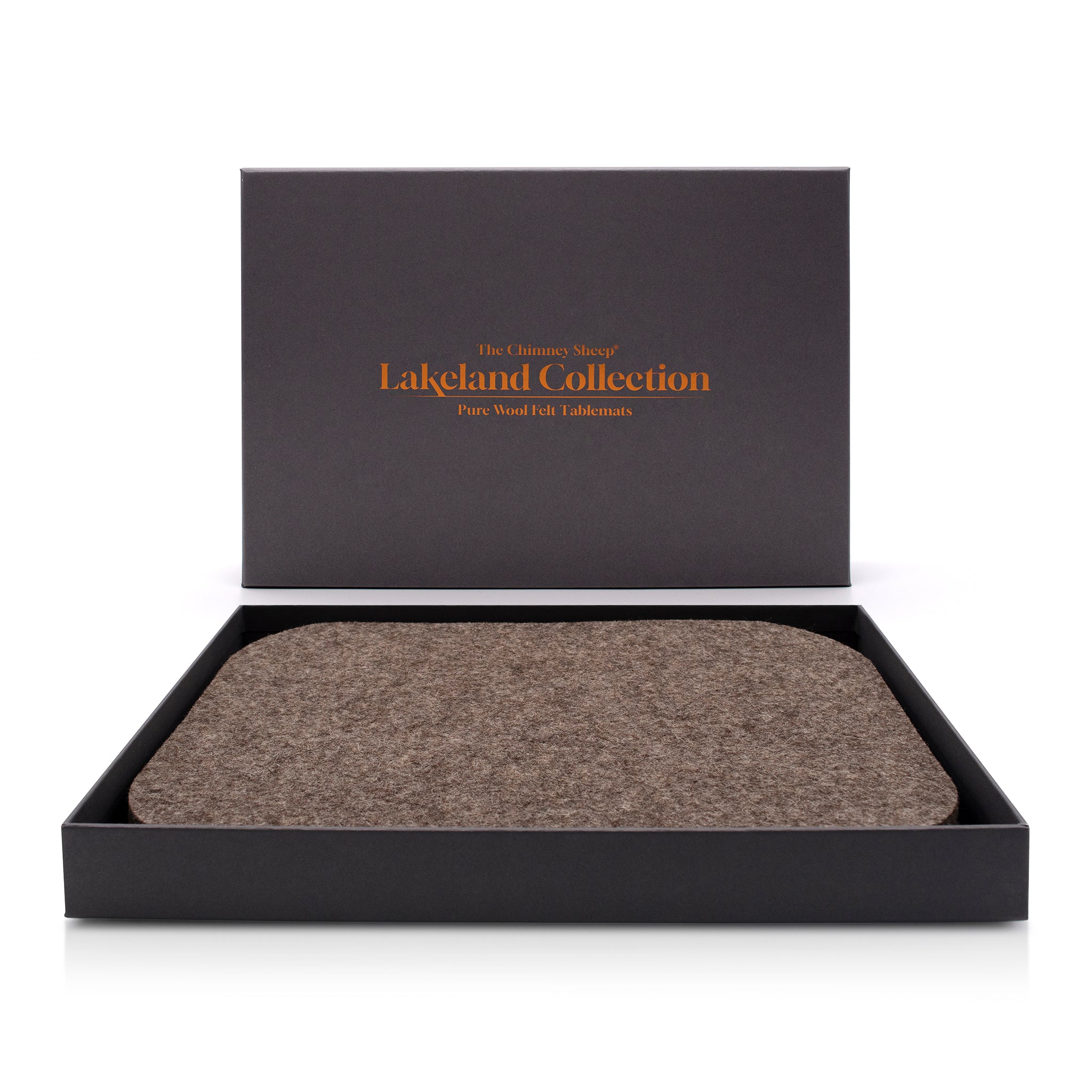 A pack of the Lakeland Collection luxury grey wool felted tablemats, placed inside the display box, on a white background.