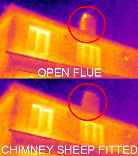 An infared image showing the effectiveness of a chimney sheep in preventing heat loss
