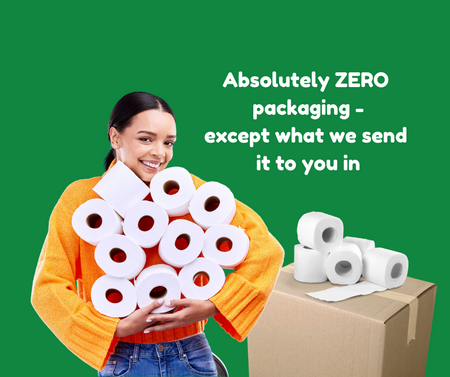 Young woman holding armful of loose toilet rolls next to cardboard box sustainable packaging