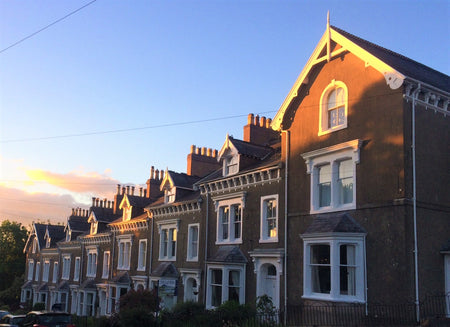 terraced row of houses with four chimney pots per stack each needing a chimney sheep