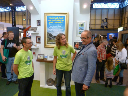 Chimney Sheep owner Sally Phillips interrogates Kevin McCloud about how much carpet is chucked away at the end of a Grand Designs live show