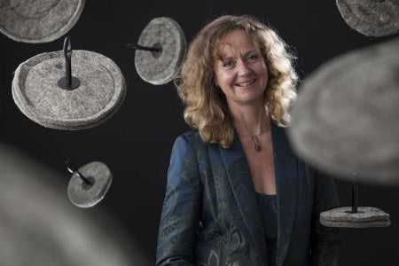 Image of Sally Phillips with dangling chimney sheep in the background