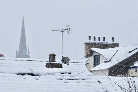 cold roofs with sonw on them - looks like they'll need a chimney sheep fitting in the chimney!