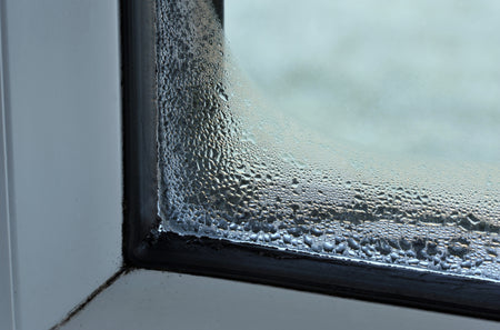 condensation on the window causing black mould - reduce damp by hanging laundry outside with a laundry mac