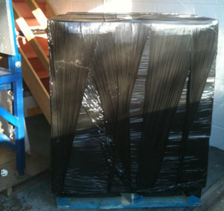A Pallet of tools wrapped with black shrink wrap
