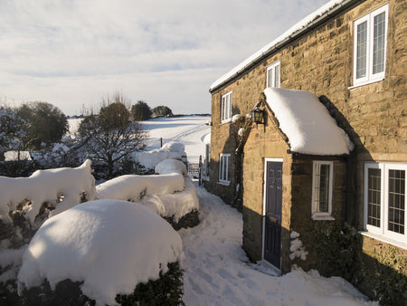 A cold winter home - showing a large covering of snow with a picteresque background into some fields also covered in snow.