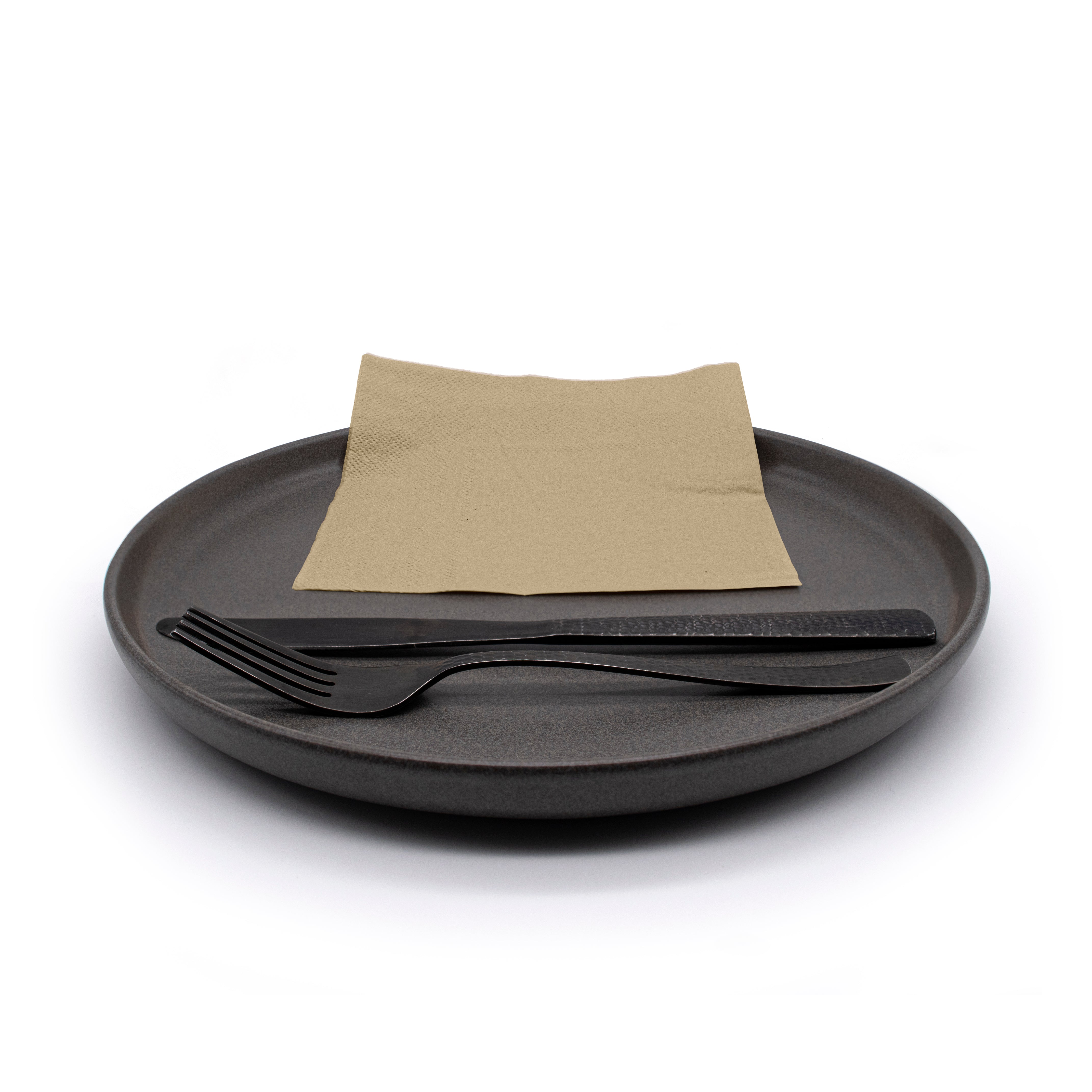 33cm napkin on black plate with cutlery