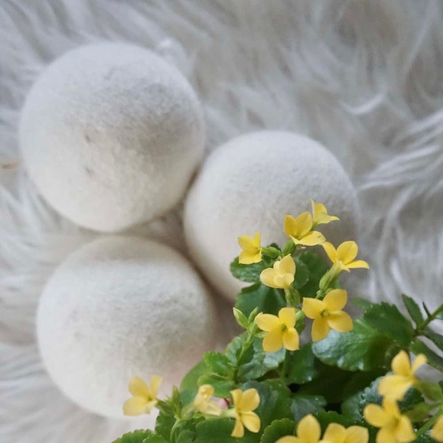 Wool dryer balls on a fluffy white background with natural flowers in front 