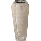A beige sleeping bag with a dark gray mesh hood, shown against a plain white background.