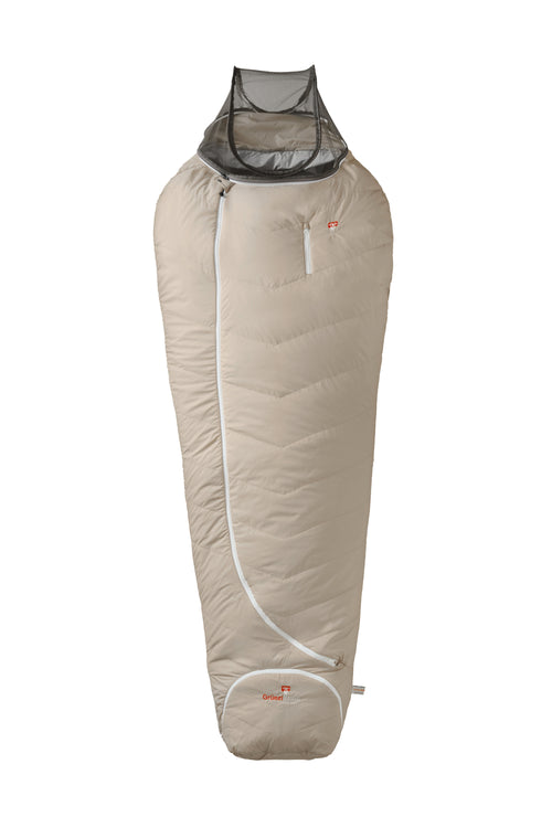 A beige mummy-style sleeping bag with a white zipper and small red logo details, shown against a plain white background.