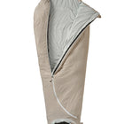 A beige sleeping bag with a light gray interior lining, shown open against a plain white background.