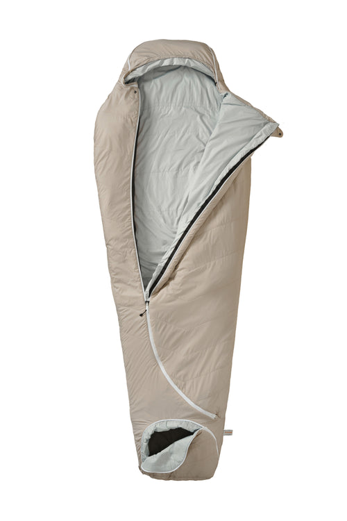 A beige mummy-style sleeping bag with a white zipper and small red logo details, shown against a plain white background.