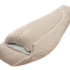 A beige mummy-style sleeping bag with a zippered opening, shown on a plain white background.