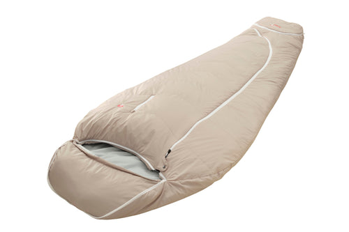 A beige mummy-style sleeping bag with a white zipper and small red logo details, shown against a plain white background.