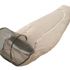 A beige mummy-style sleeping bag with an attached dark gray mesh mosquito net hood, shown on a plain white background.
