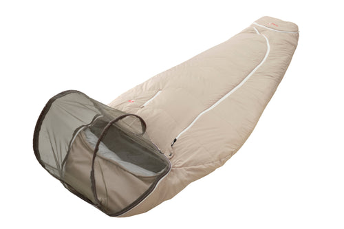 A beige mummy-style sleeping bag with a white zipper and small red logo details, shown against a plain white background.