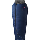A navy blue sleeping bag with a gray mesh neck liner, shown upright against a solid white background.