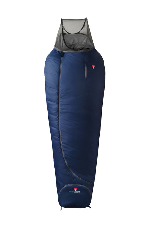 A dark navy blue sleeping bag with a gray interior lining, shown vertically against a plain white background. The sleeping bag features a zippered pocket on the upper side and a small red and white logo near the bottom.