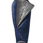 A navy blue sleeping bag with a silver-gray interior lining, shown partially unzipped on a plain white background.