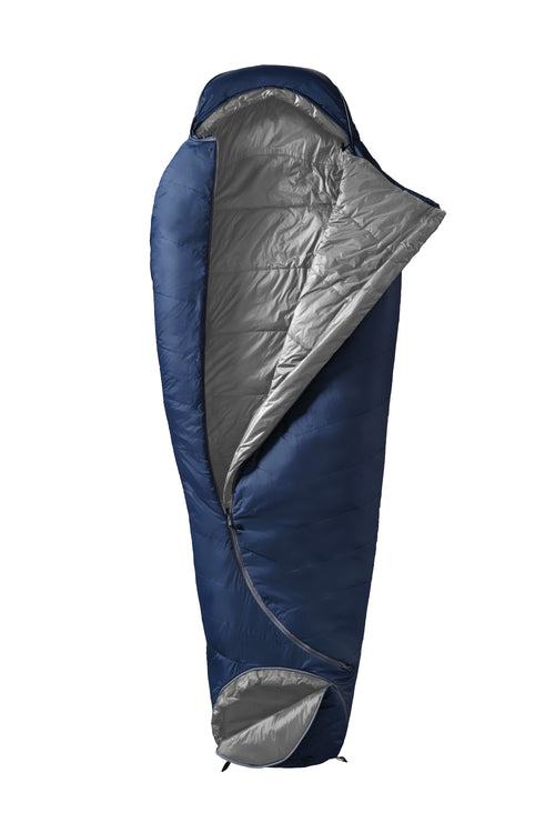 A dark navy blue sleeping bag with a gray interior lining, shown vertically against a plain white background. The sleeping bag features a zippered pocket on the upper side and a small red and white logo near the bottom.