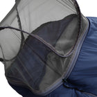 Close-up of a blue sleeping bag with a dark gray mesh mosquito net hood, shown against a plain white background.
