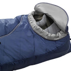 A close-up of a blue sleeping bag with a gray hood and gray interior lining, shown on a plain white background.