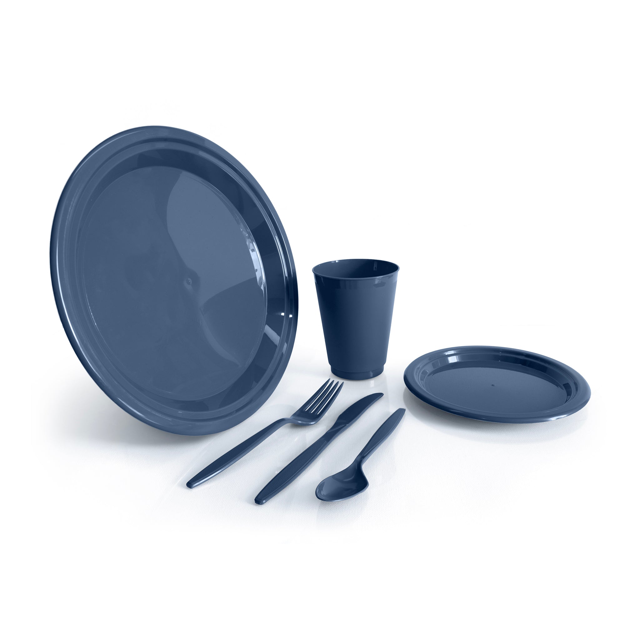 Plastic plates, cup and cutlery