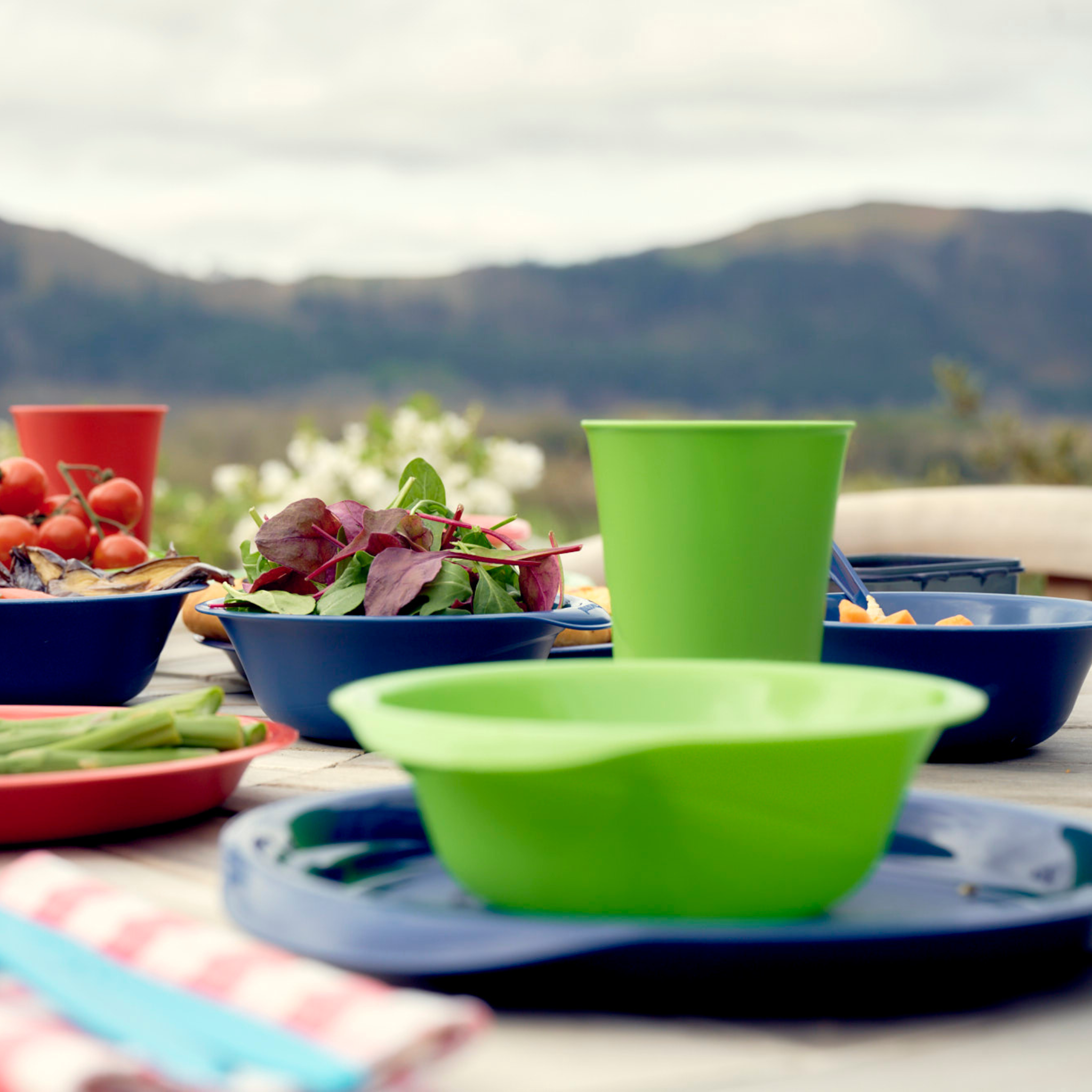 Al fresco recycled plastic tableware range in a variation of colours
