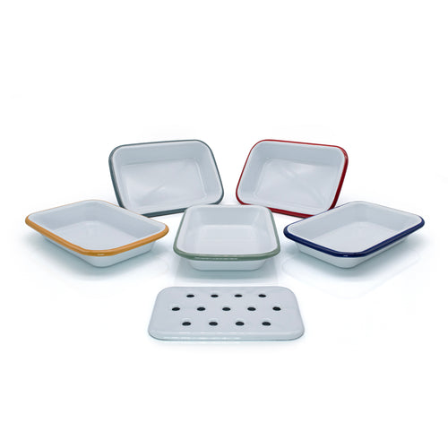 Classic Enamel Soap Dish white with a blue rim. 