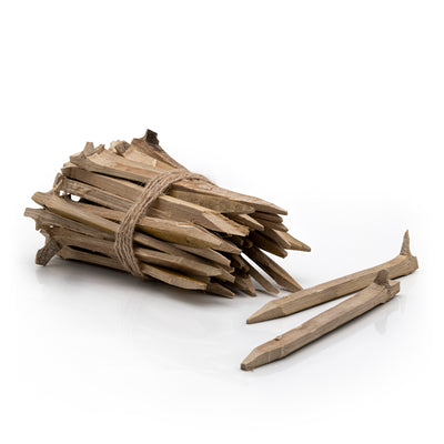 Bag of bamboo garden pegs with two pegs in front on a white background, featuring 'NEW AND IMPROVED' text at the top.