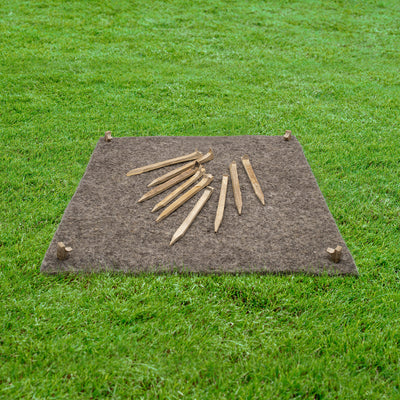 Bag of bamboo garden pegs with two pegs in front on a white background, featuring 'NEW AND IMPROVED' text at the top.