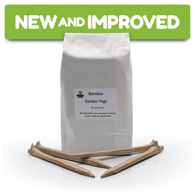 Bag of bamboo garden pegs with two pegs in front on a white background, featuring 'NEW AND IMPROVED' text at the top.