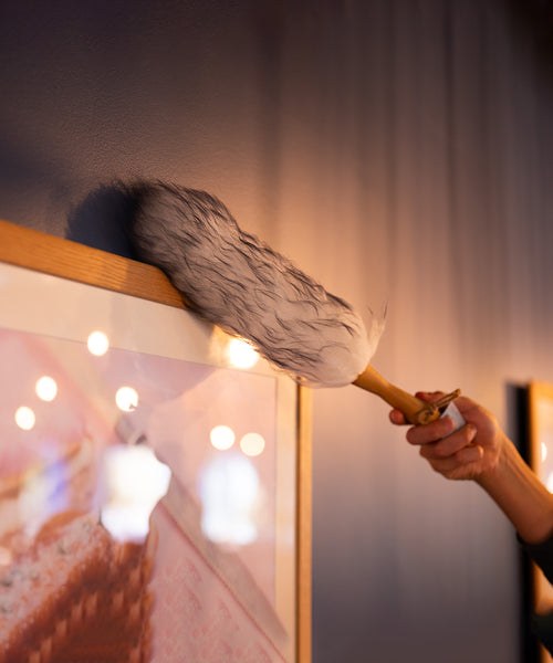 Lambswool duster with solid beechwood handle dusting the top of a picture frame