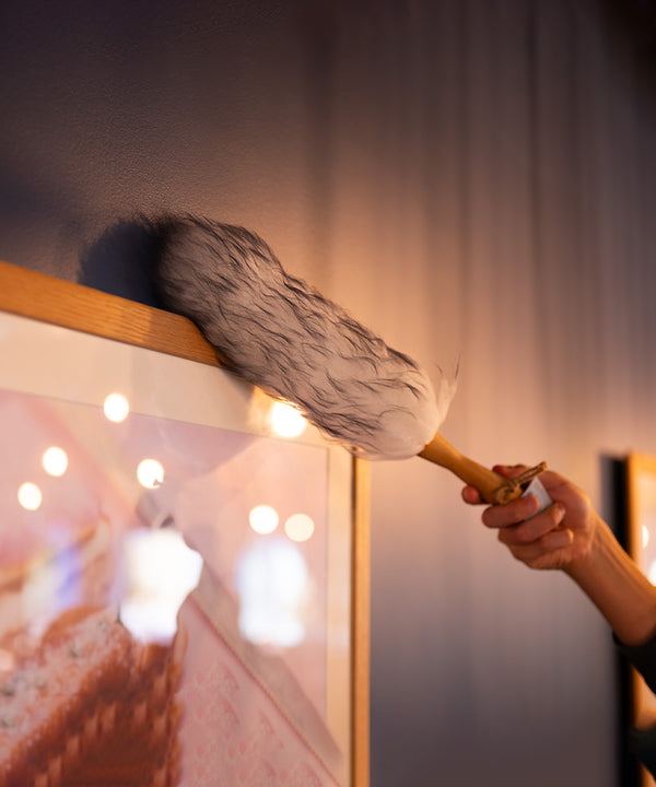 Lambswool duster with solid beechwood handle dusting the top of a picture frame