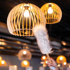 Wooden pendant lights with a lambswool duster in a blurred indoor setting