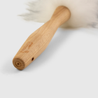 detail of solid beech handle on lambswool duster
