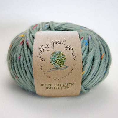Light sage coloured yarn made of recycled plastic bottles 