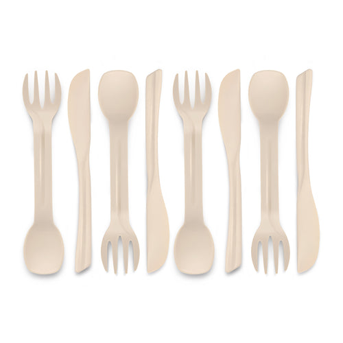 Eco-friendly spork and knife laid out on a white background.