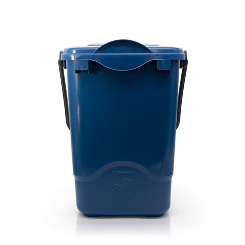 Blue compost bins made from 100% recycled plastic on a white background