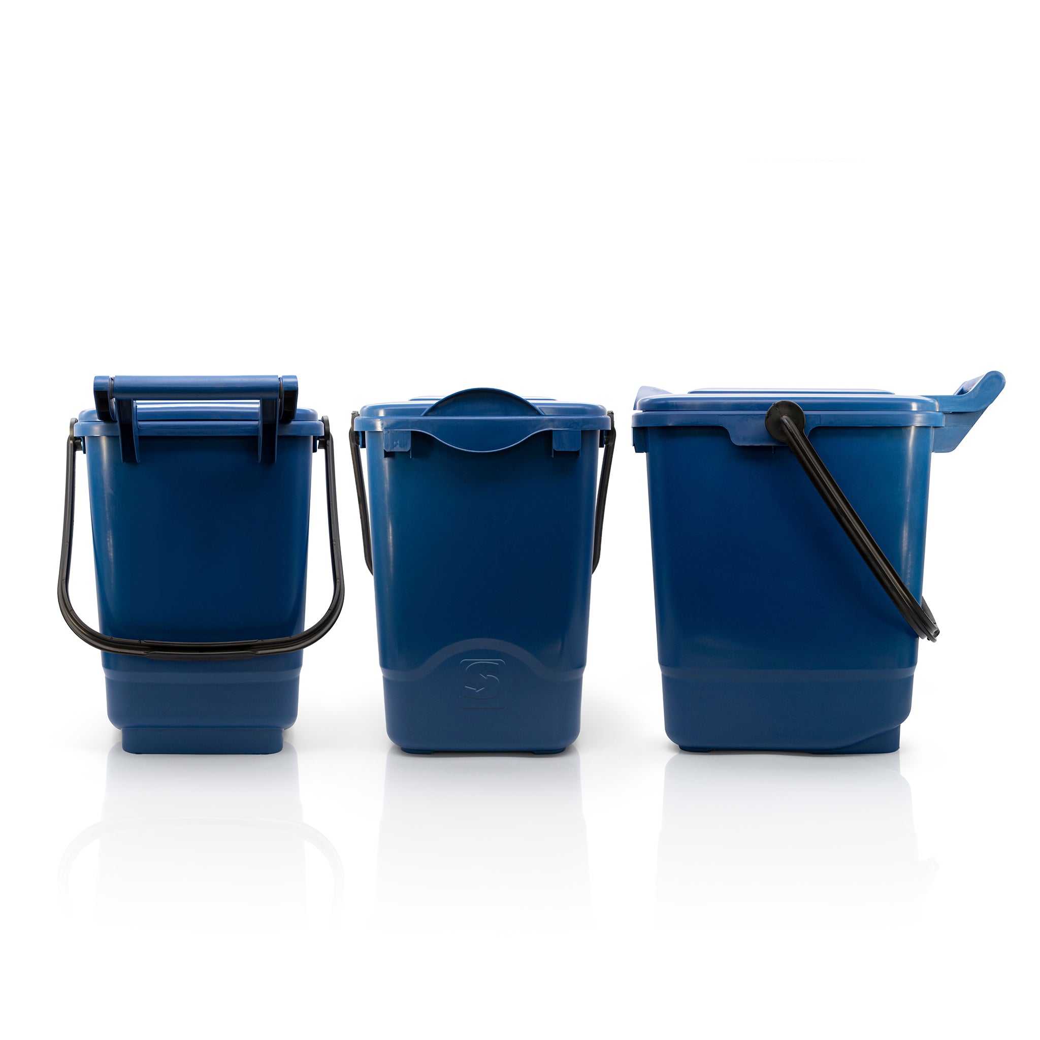 Front, rear, and side of a blue nappy bin with lid, made from 100% recycled plastic material